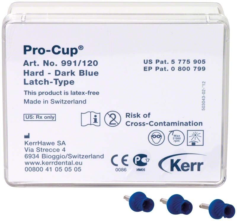 Pro-Cup® hart Winkelstück 120er Verpackung mit dunkelblauen Bürstenköpfen.