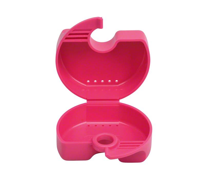 Offene rosa Quick Box Gr.1 beere mit zentraler Öffnung und Lüftungslöchern.