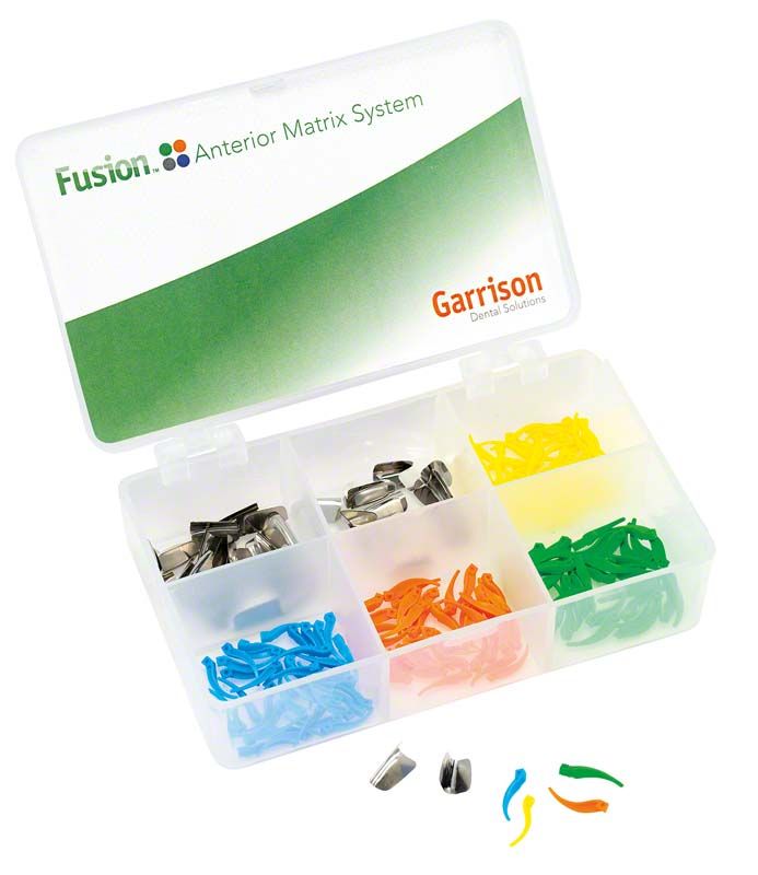 Fusion™ Anterior Frontzahnmatrizen System Kit mit farbcodierten Matrizen in Aufbewahrungsbox.