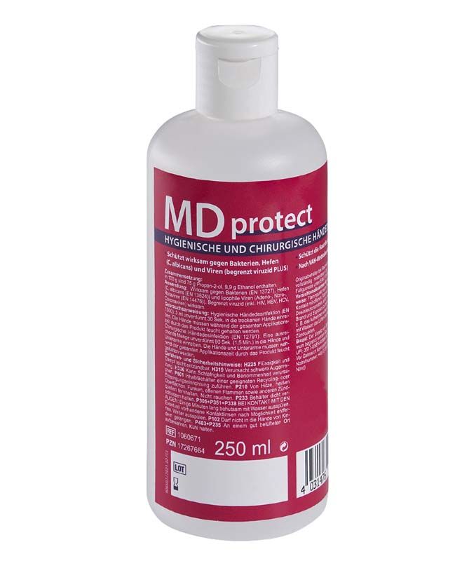 MD protect Flasche 250ml mit rotem Etikett und weißem Verschluss.