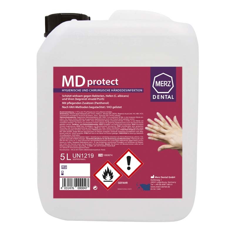 MD protect 5-Liter-Kanister für chirurgische Händedesinfektion mit rotem Etikett.
