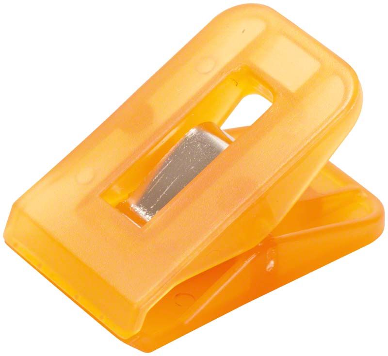 Orangefarbene Klammer für Arbeitsschalen aus Kunststoff.