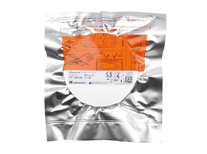 Erkodur-al klar Folie in versiegelter silberner Verpackung mit Etikett.