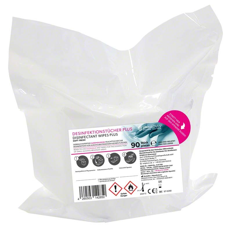 Desinfektionstücher Plus-Soft Fresh in weißer Verpackung mit Etikett und Warnhinweisen.