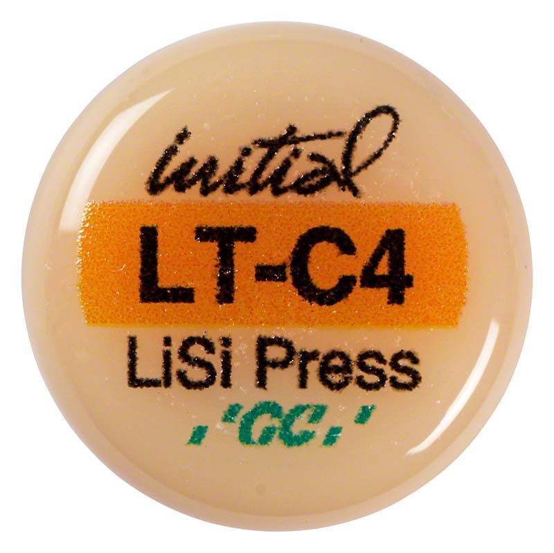 GC Initial™ LiSi Press LT C4 Keramikscheibe mit Logo und Beschriftung.