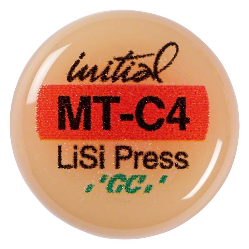 GC Initial™ LiSi Press MT C4 Keramikscheibe mit rotem und schwarzem Aufdruck.