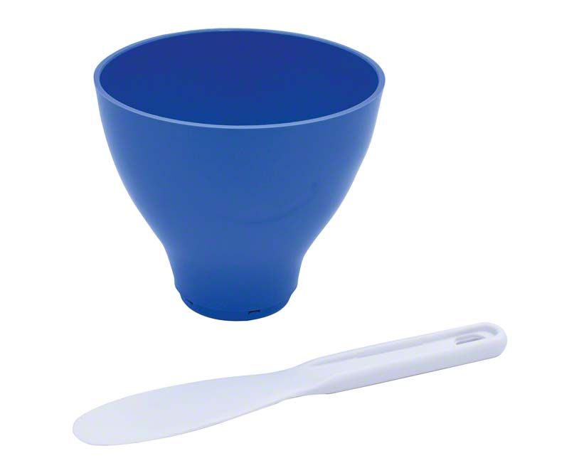 Algimix Anmischbecher aus blauem Silikon mit weißem Spatel.