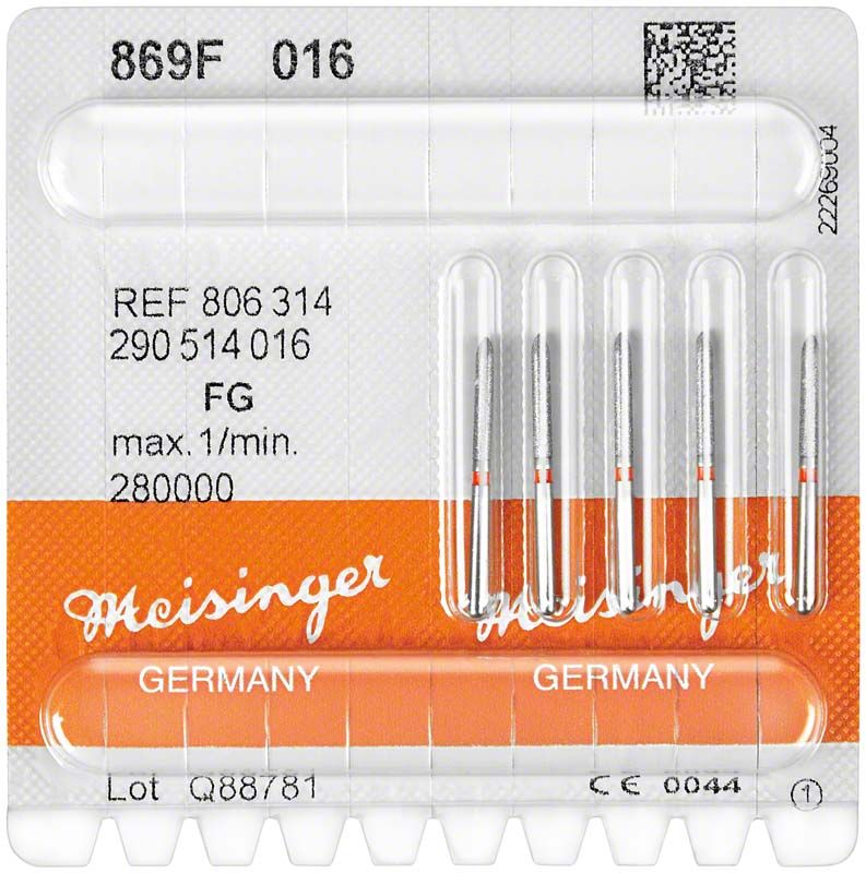Verpackung von Meisinger Diamantinstrumenten FG 869F 016 für den zahnmedizinischen Einsatz.