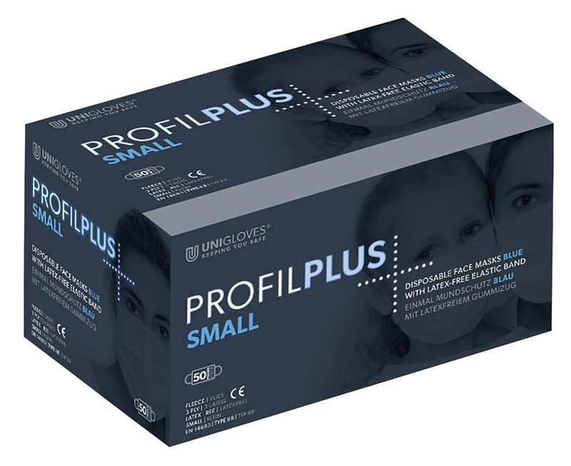 PROFIL PLUS Mundschutz small blau in Verpackung mit 50 Stück Anzeige.