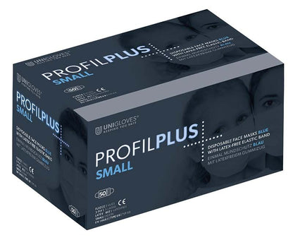 PROFIL PLUS Mundschutz small blau in Verpackung mit 50 Stück Anzeige.
