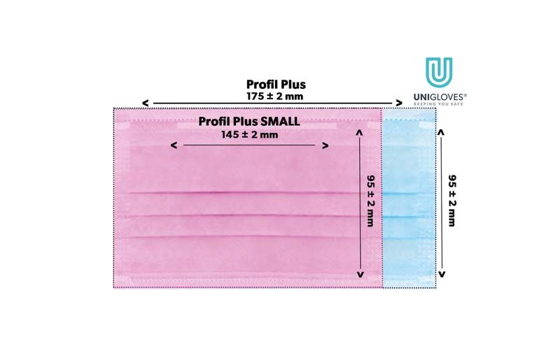 PROFIL PLUS Mundschutz small blau neben größerer Vergleichsmaske mit Maßangaben.