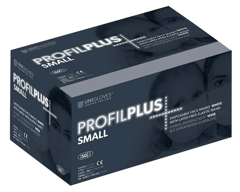 PROFIL PLUS Mundschutz-Verpackung mit Fokus auf Produktinformationen und Markenlogo.