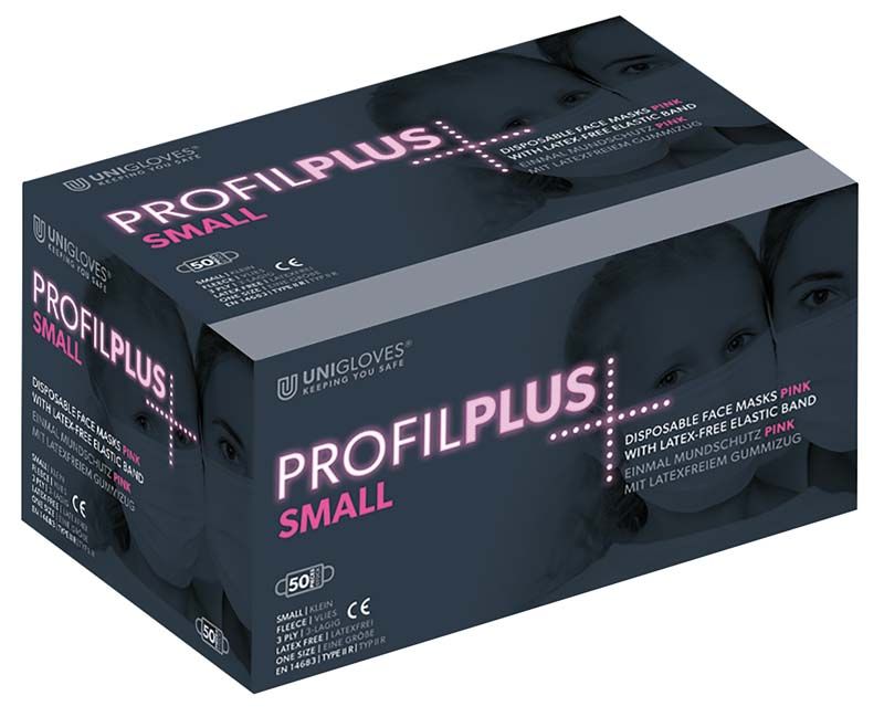 PROFIL PLUS Mundschutz small pink in Verpackung mit 50 Stück pro Box.