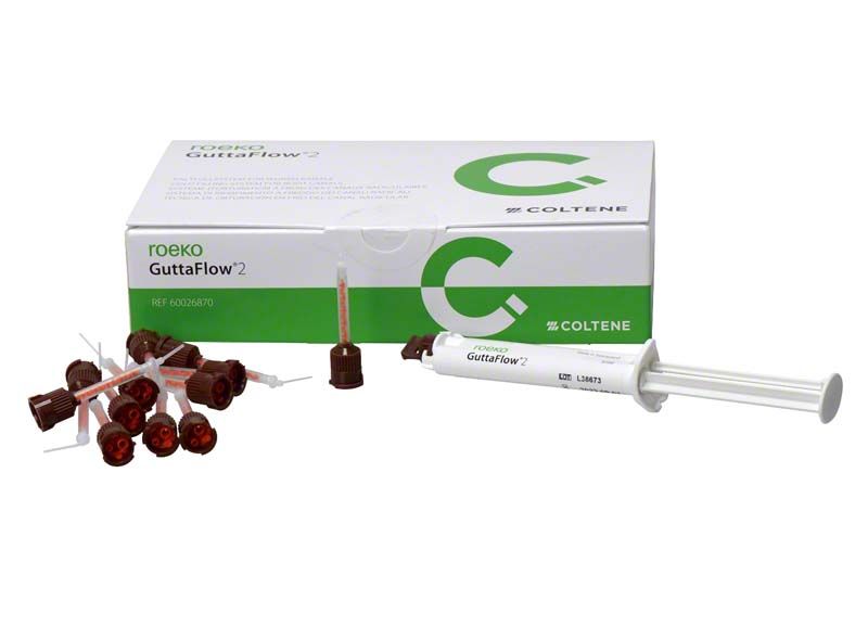 ROEKO GuttaFlow® 2 Standardset mit Verpackung, Spritze und Verschlusskappen.