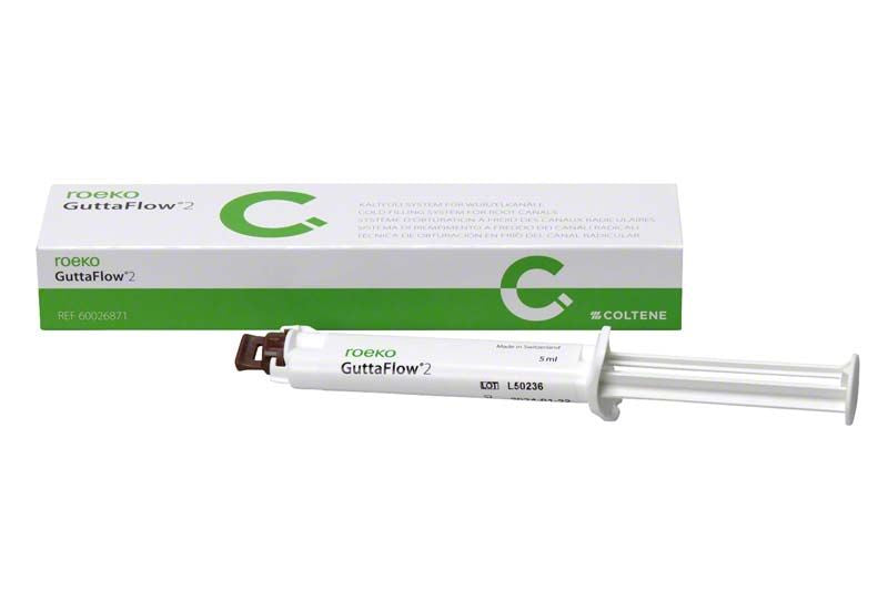 ROEKO GuttaFlow® 2 Nachfüllpackung mit Spritze und Verpackung.