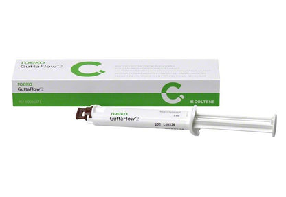 ROEKO GuttaFlow® 2 Nachfüllpackung mit Spritze und Verpackung.