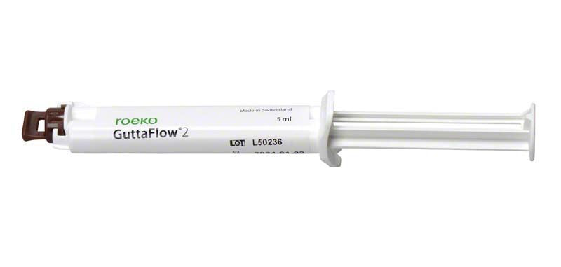 Weiße Spritze mit ROEKO GuttaFlow® 2 Aufdruck für Wurzelkanalobturation.