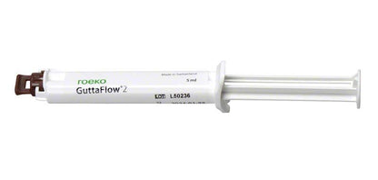 Weiße Spritze mit ROEKO GuttaFlow® 2 Aufdruck für Wurzelkanalobturation.