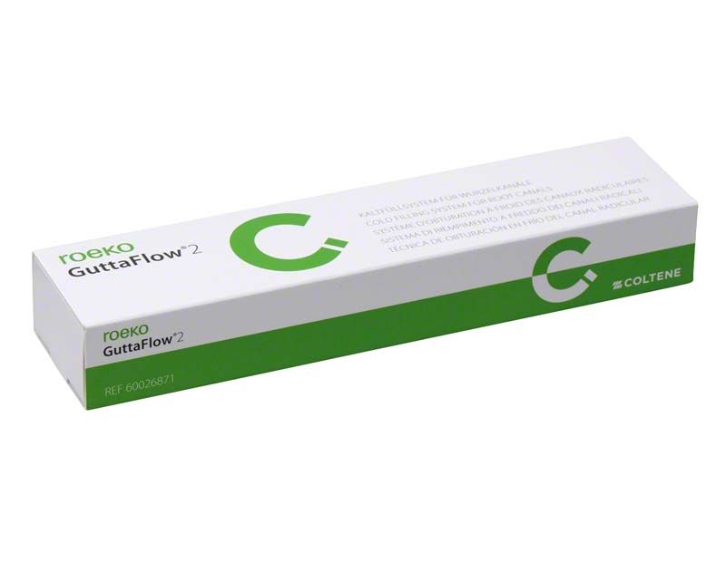 ROEKO GuttaFlow® 2 Nachfüllpackung in weiß-grüner Verpackung mit Produktname.