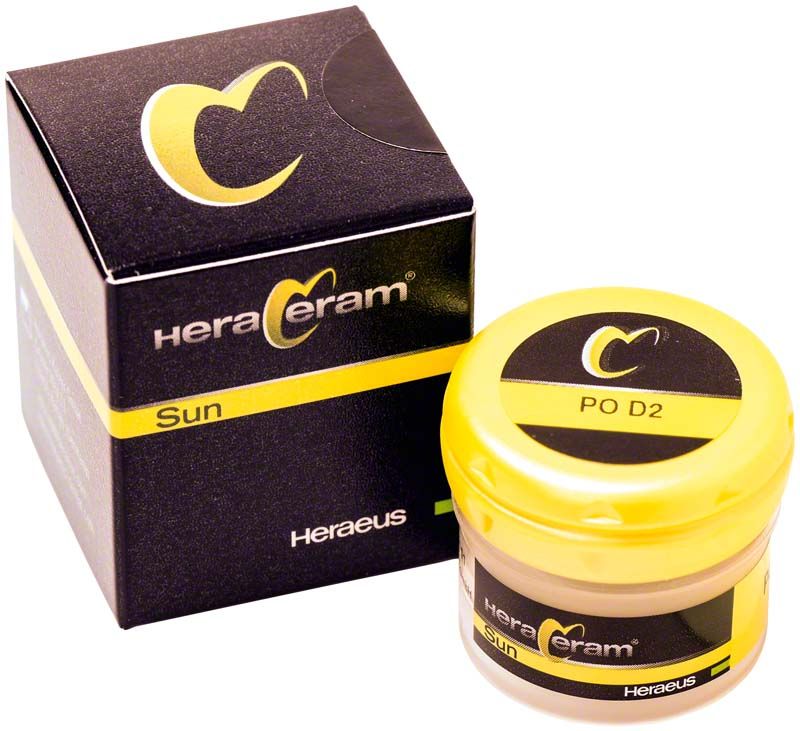 HeraCeram® Sun Pastenopaker PO D2 Verpackung mit gelbem Deckel auf schwarzem Karton.