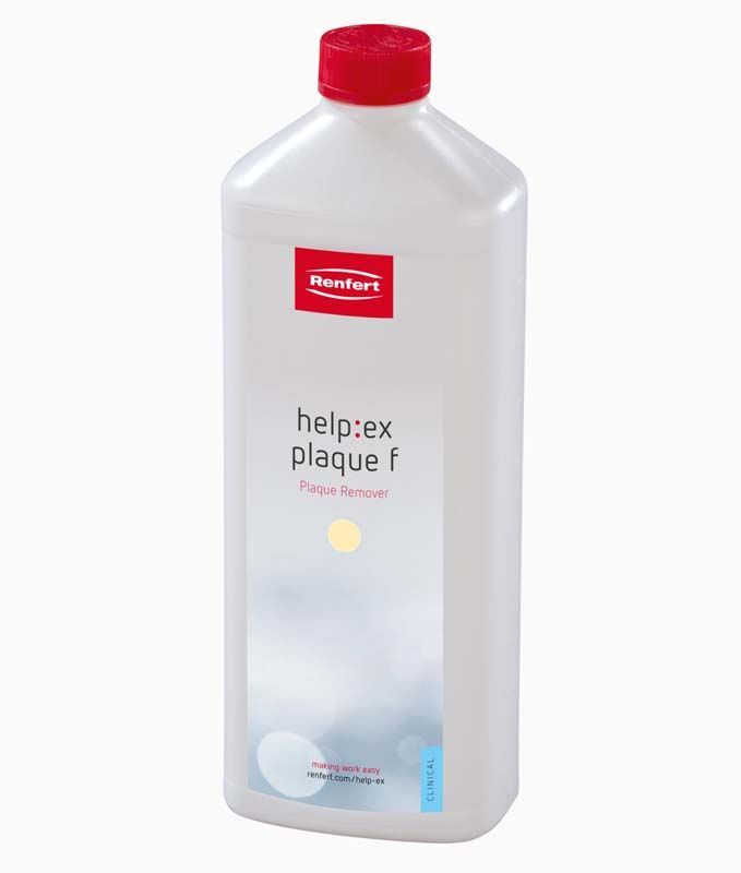 Prothesenreiniger-Flasche mit rotem Verschluss und Etikett "help ex plaque f".