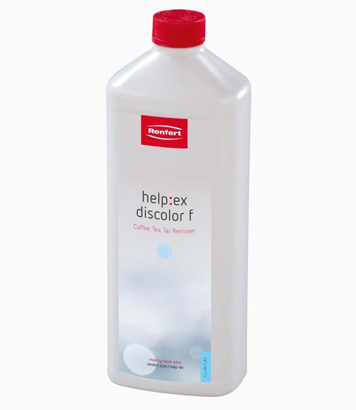 Flasche des medic-star help ex discolor f Prothesenreinigers mit rotem Verschluss.