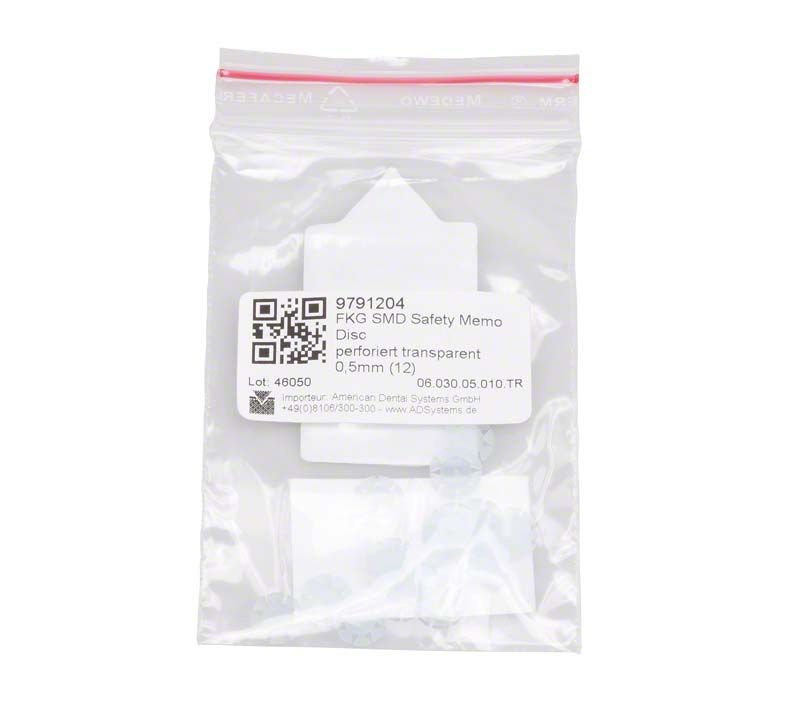 FKG Safety Memo Discs in durchsichtiger Verpackung mit QR-Code und Produktinformationen.
