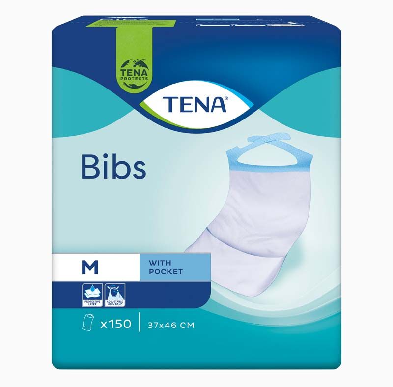 TENA Bibs Schutzserviette 46cm, Verpackung mit Nackenbändchen-Design.