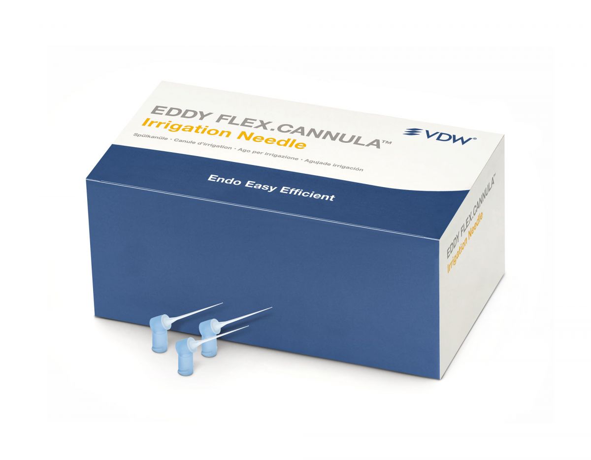 Blau-weiße Verpackung der EDDY FLEX.CANNULA™ Spülkanüle mit drei Kanülen.