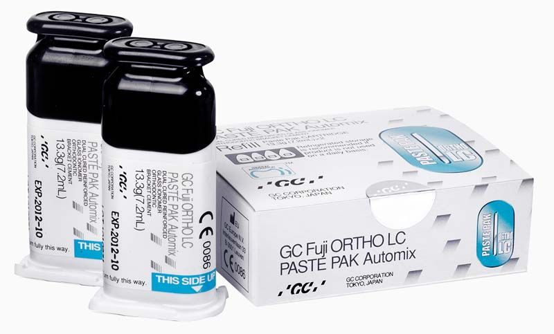 Fuji ORTHO LC PASTE PAK Automix Nachfüllpackung mit zwei Kartuschen und Verpackung.