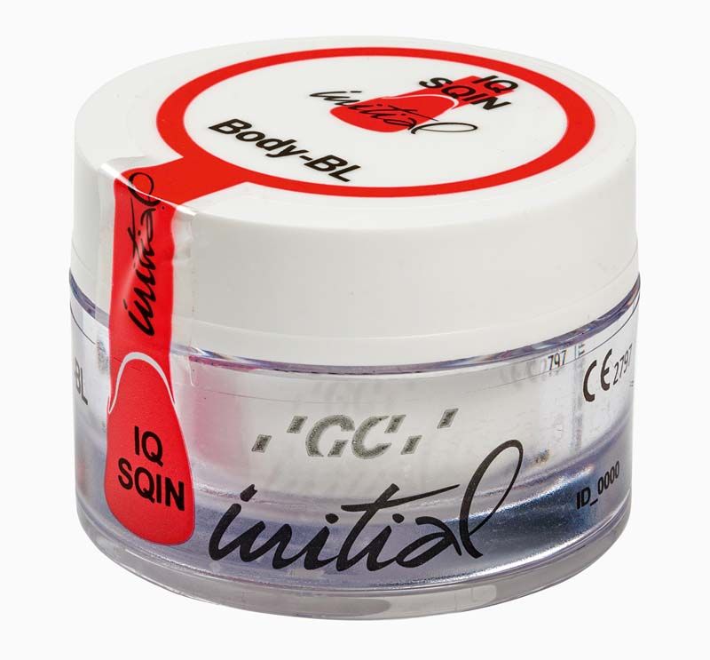 GC Initial IQ SQIN Pulver BL-D Dose mit rotem und weißem Etikett.
