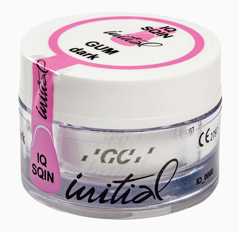 GC Initial IQ SQIN Pulver GUM dark, 10g Dose mit weißem Deckel.