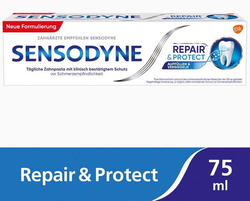 SENSODYNE Repair+Protect Zahnpasta 75ml mit NovaMin-Technologie Verpackung.