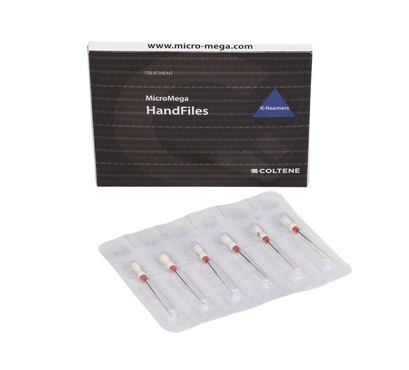 Sterile K-Reamers 31mm Gr. 015 in Verpackung mit sechs Edelstahlfeilen.