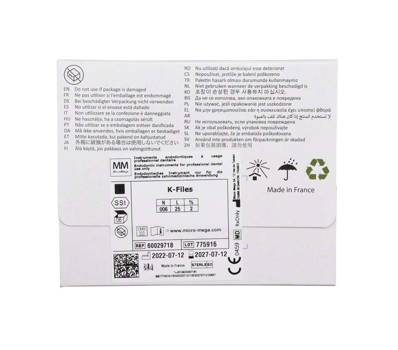Rückseite der Verpackung der B6 K-Files 25mm Gr. 006 mit Produktinformationen.