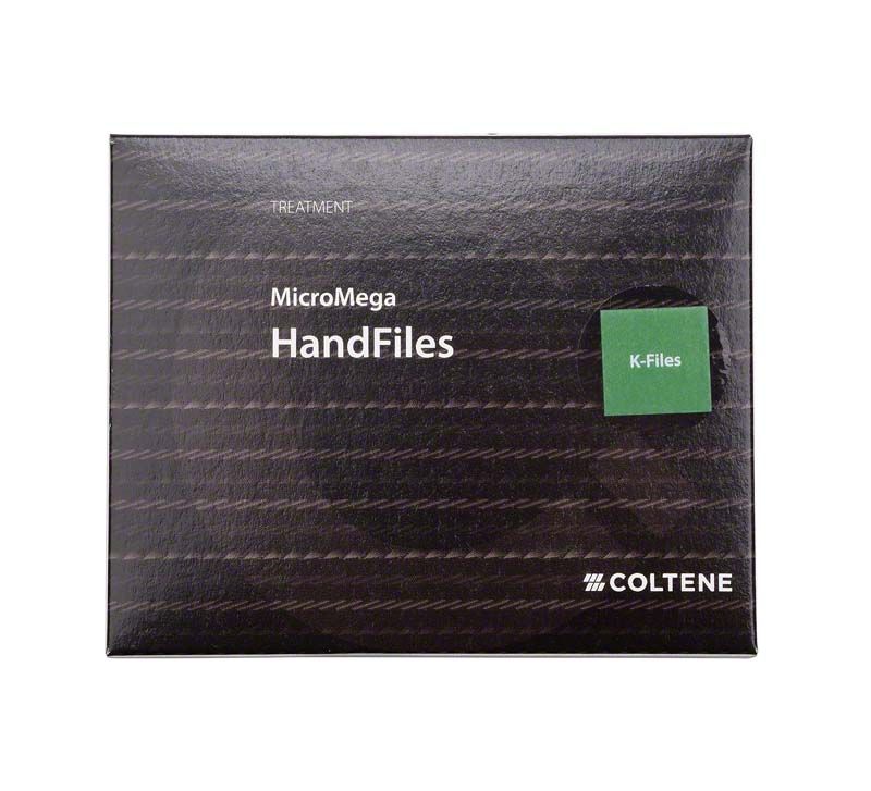 MicroMega Handfeilen-Verpackung mit grünem K-Files-Label auf schwarzem Hintergrund.