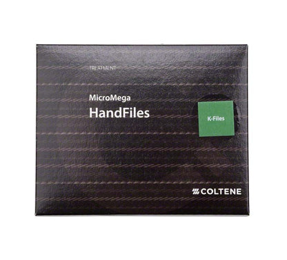 MicroMega Handfeilen-Verpackung mit grünem K-Files-Label auf schwarzem Hintergrund.