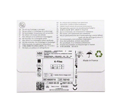 Rückseite der K-Files-Verpackung mit Produktinformationen und Symbolen.