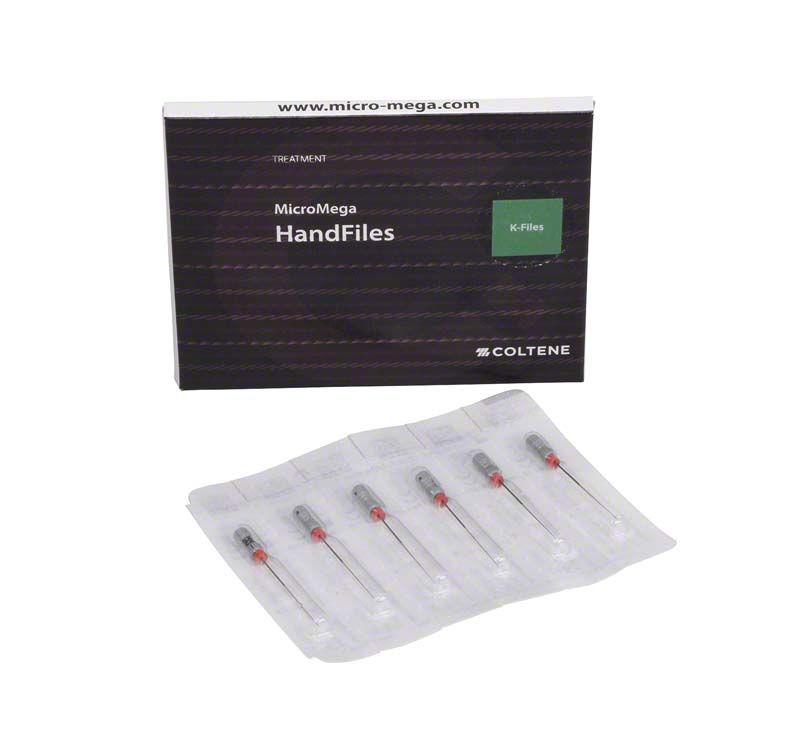 Sterile Edelstahl-Handfeilen B6 K-Files 31mm Gr. 008 in Verpackung.