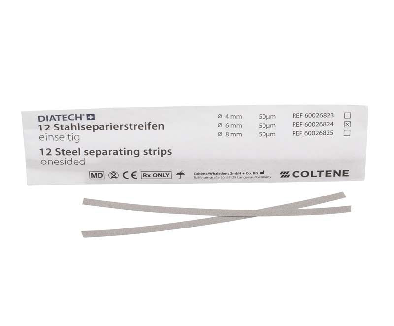 12 Diatech Stahlseparierstreifen auf weißem Hintergrund mit Verpackung.