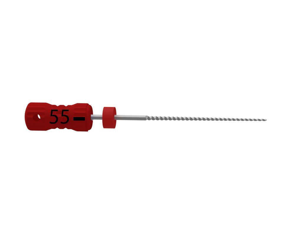 Sterile Edelstahl-Handfeile B6 K-Files 21mm Gr. 055 mit rotem Griff.