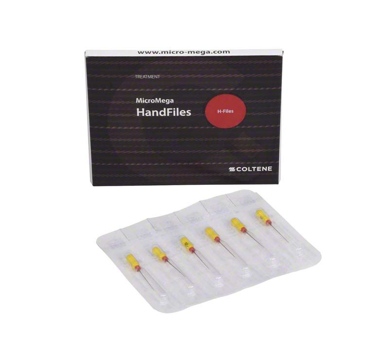 Sterile Edelstahl-Handfeilen B6 H-Feilen von MicroMega Coltene in Verpackung.