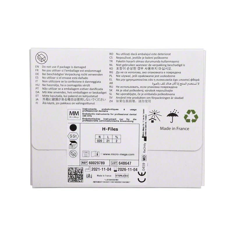Rückseite der Verpackung von MicroMega Coltene B6 H-Feilen mit Produktspezifikationen.