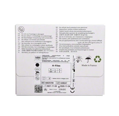 Rückseite der Verpackung von MicroMega Coltene B6 H-Feilen mit Produktspezifikationen.