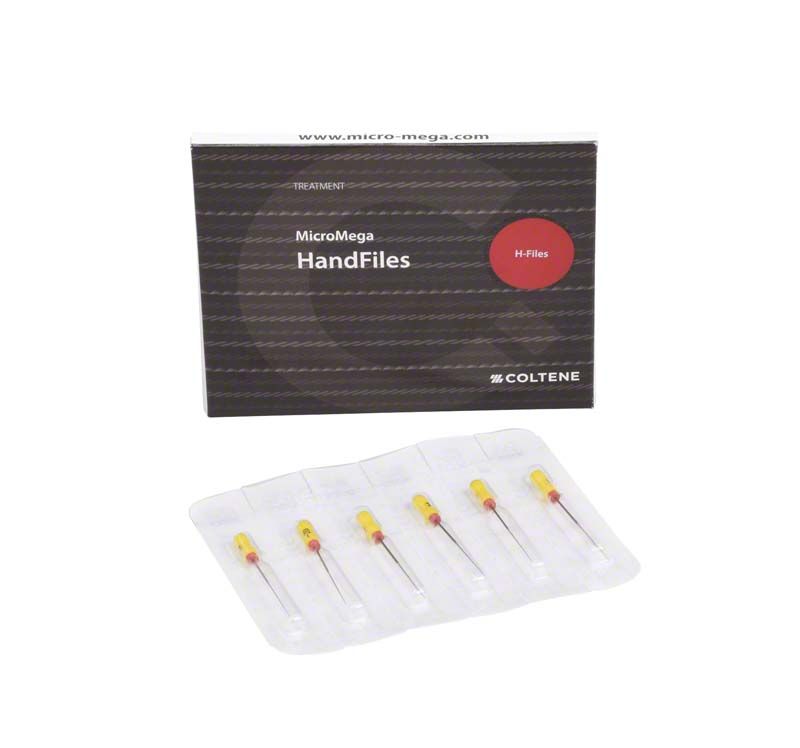 Sterile Edelstahl-Handfeilen MicroMega in Verpackung für Endodontie.