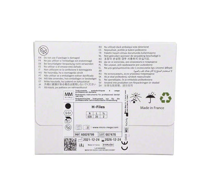 Rückseite der Verpackung von MicroMega H-Feilen mit Produktinformationen.