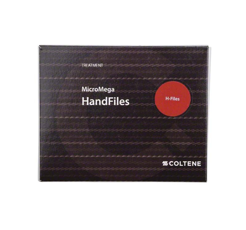 Sterile MicroMega Handfeilen-Box mit rotem H-File-Symbol.