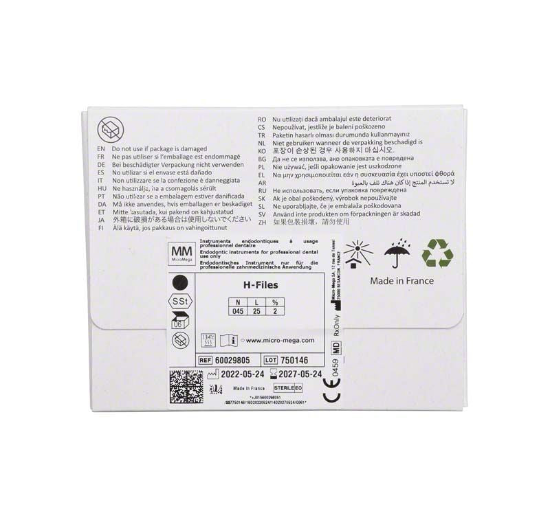 Rückseite der Verpackung der MicroMega H-Feilen 25mm Gr. 045 mit Details.