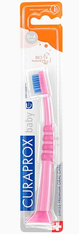 CURAPROX Baby Zahnbürste in rosa Verpackung mit blauem Bürstenkopf.