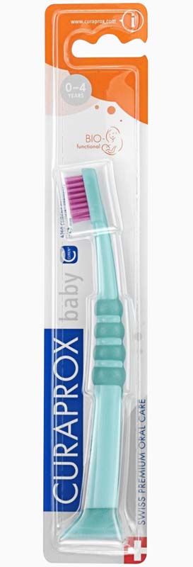 CURAPROX Baby Zahnbürste in Verpackung mit türkisfarbenem Griff und rosa Borsten.